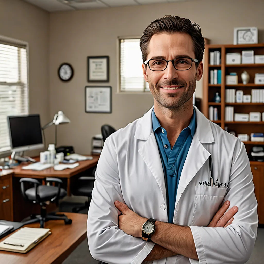 a man in a lab coat standing in front of a desk with a computer monitor and a clock on it, neoplasticism, a stock photo, Doc Hammer, promotional image