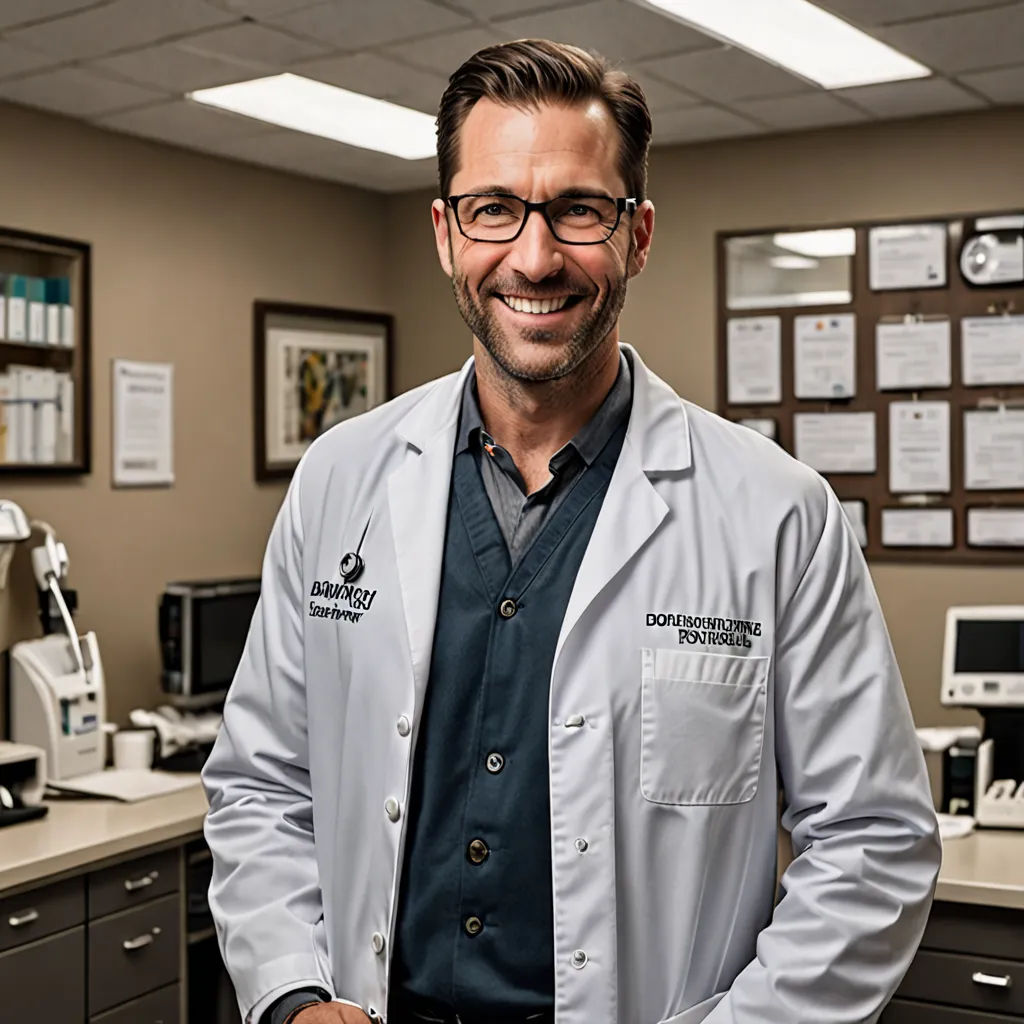 a man in a lab coat standing in a lab with a microscope on the wall behind him and a clock on the wall behind him, neoplasticism, a character portrait, Conroy Maddox, mitchell mohrhauser