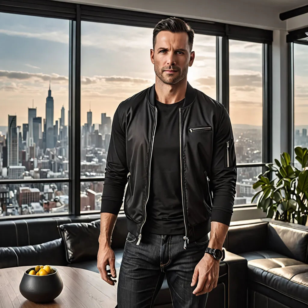 a man standing in a living room with a view of a city outside the window and a table with fruit on it, private press, a stock photo, Dan Scott, promotional image