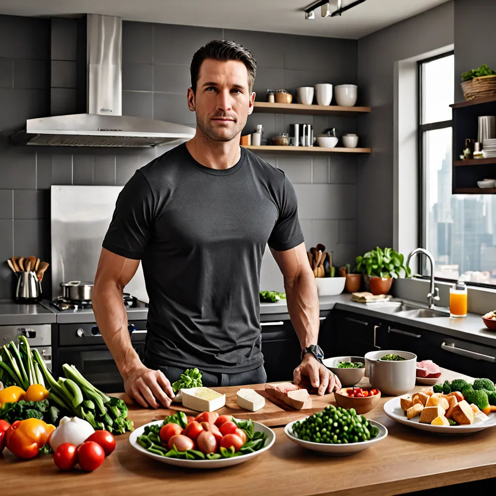 a man standing in a kitchen with a table full of food and vegetables on it, and a bowl of fruit and vegetables on the counter, precisionism, a stock photo, Dan Scott, promotional image