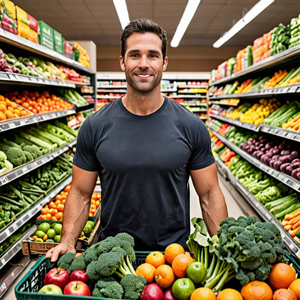 a man holding a basket of fruit and vegetables in a grocery store aisle with a display of vegetables in the background, superflat, a stock photo, Andries Stock, professional food photography