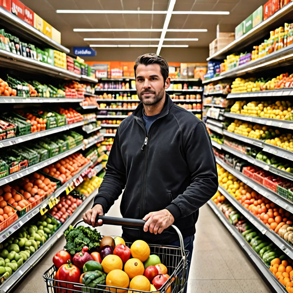 a man is holding a shopping cart in a grocery store aisle full of fruits and vegetables, and he is smiling, precisionism, a stock photo, Brad Holland, professional food photography