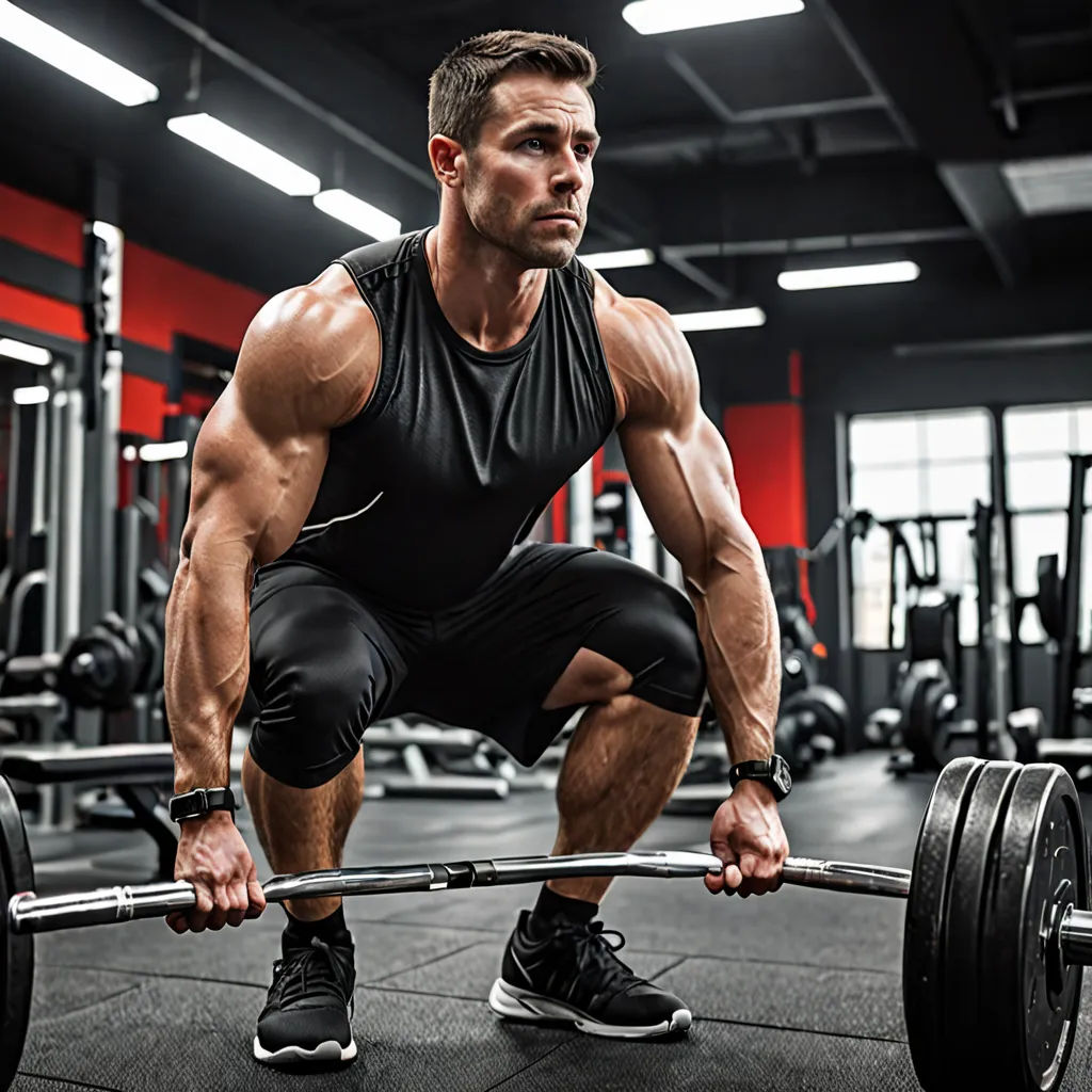 a man squats down with a barbell in his hands in a gym area with a red wall, superflat, a stock photo, Dennis Ashbaugh, muscular