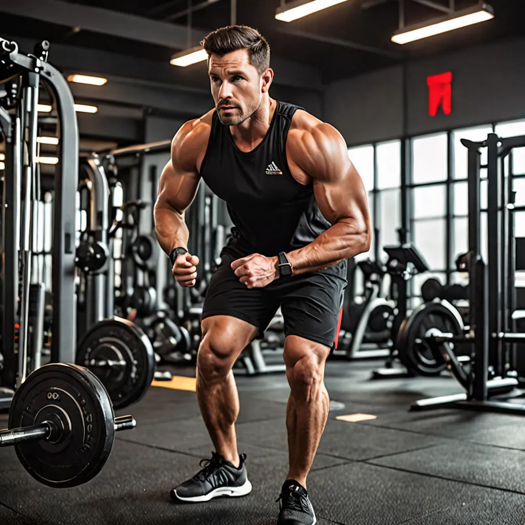 a man is doing a squat with a barbell in a gym area with a row of exercise equipment, private press, a stock photo, Daren Bader, full body pose