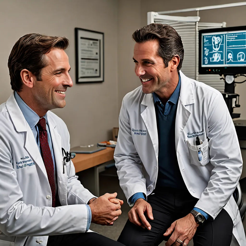 two doctors sitting in a room talking to each other and smiling at each other's company logo on the wall, neoplasticism, a stock photo, Brothers Hildebrandt, promotional image