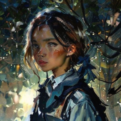 a painting of a woman with a backpack on her back and a tree in the background with rain drops