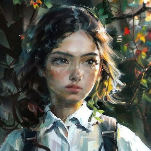 a painting of a woman with a camera in her hand and a tree in the background with leaves on it
