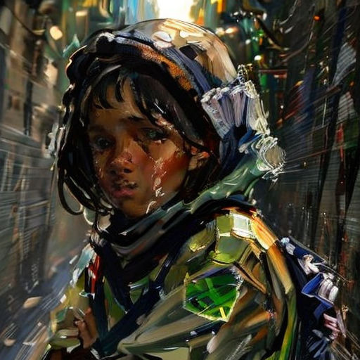 a painting of a person with a helmet on and a jacket on and a backpack on his back and a building in the background