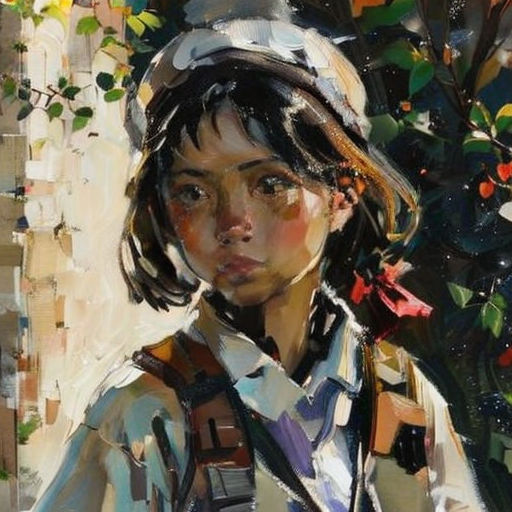 a painting of a young boy with a hat on and a flower in his hand, in front of a tree