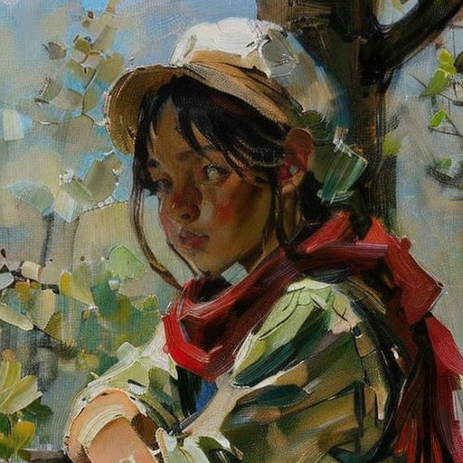 a painting of a woman sitting on a bench next to a tree with a hat on her head and a scarf around her neck