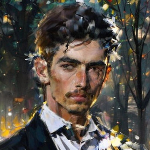a painting of a man in a suit and tie in a forest with trees and leaves on the ground