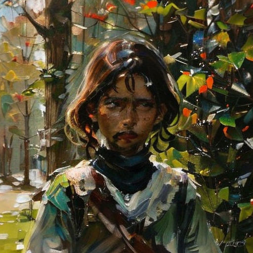 a painting of a man holding a rifle in a forest with trees and leaves in the background, with a bird flying overhead