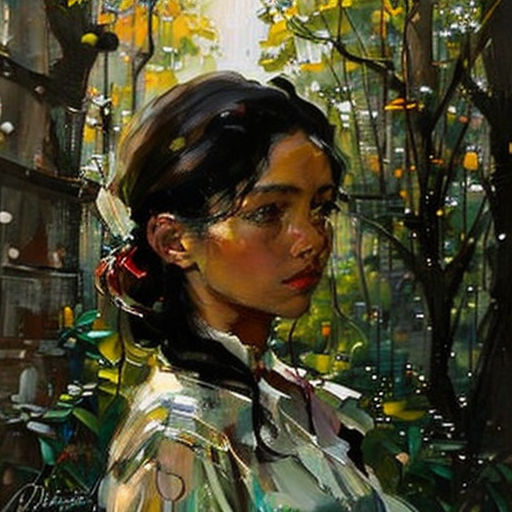 a painting of a woman in a raincoat in a forest with trees and buildings in the background and rain falling on her head