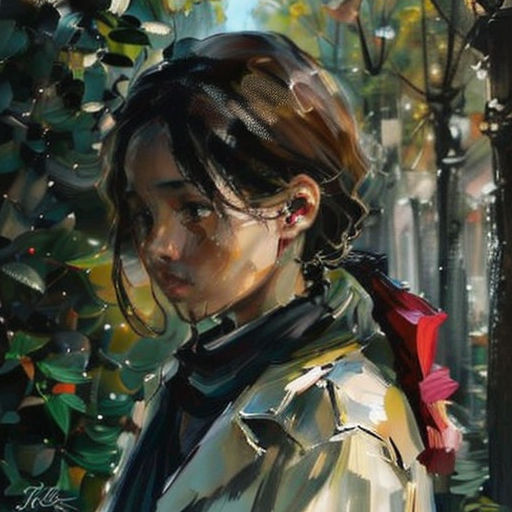 a painting of a woman in a coat and a tree with leaves on it, looking at the camera