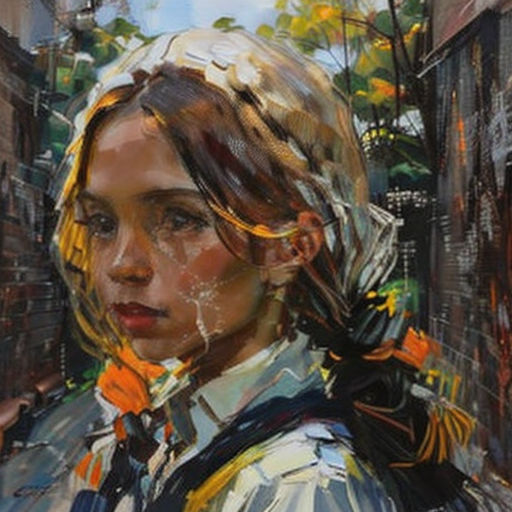 a painting of a woman in a city street with a building in the background and a tree in the foreground