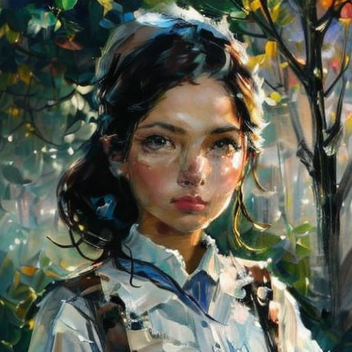 a painting of a woman with a backpack and a tree in the background, with a blue sky and clouds