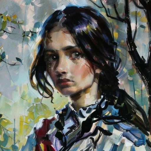 a painting of a woman with a striped shirt and a tree in the background with leaves on it and a blue sky