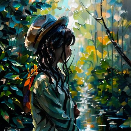 a painting of a girl in a hat looking at a stream in the woods with leaves on the ground