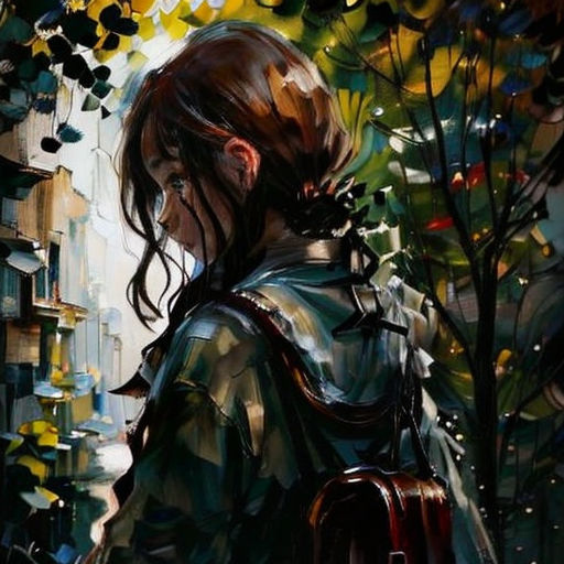 a painting of a woman walking down a street with a backpack on her back and a tree in the background