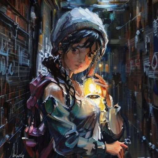 a woman holding a lantern in a hallway with graffiti on the walls and a light shining through her hand