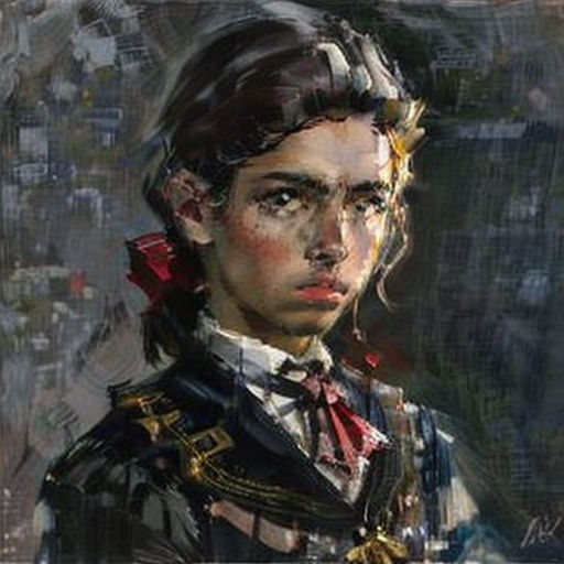 a painting of a man in uniform with a tie on his head and a city in the background with buildings