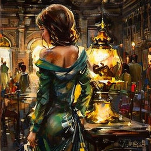 a painting of a woman in a green dress looking at a lamp in a shop window with a man in the background