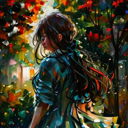 a painting of a girl in a dress walking through a forest with leaves on it's branches and a tree in the background