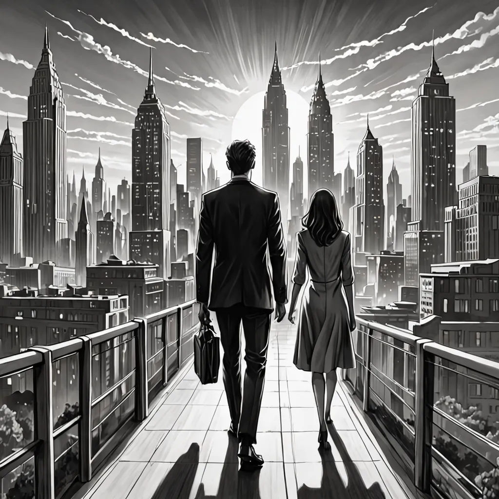 a man and a woman walking down a bridge towards a city skyline with skyscrapers in the background, in a black and white painting, modern european ink painting, a storybook illustration, Dan Mumford, graphic novel