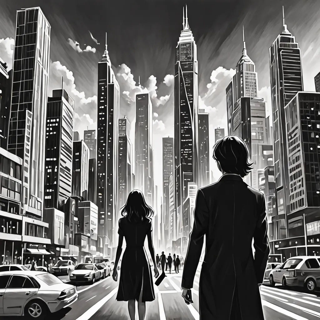 a man and a woman walking down a street in a city with tall buildings and skyscrapers in the background, modern european ink painting, an ultrafine detailed painting, Asaf Hanuka, comic cover art