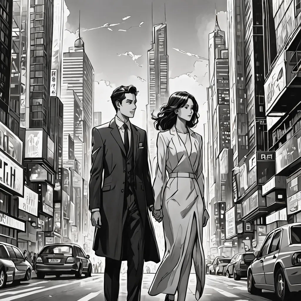 a man and a woman walking down a street in a city with tall buildings and tall skyscrapers in the background, modern european ink painting, a comic book panel, David Park, comic cover art