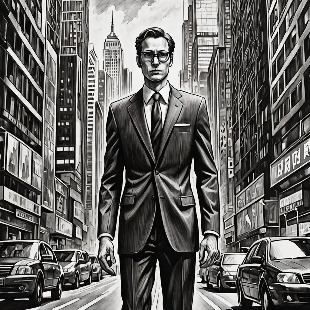 a man in a suit and tie walking down a street in a city with tall buildings and cars on the street, modern european ink painting, an ultrafine detailed painting, David Palumbo, comic cover art