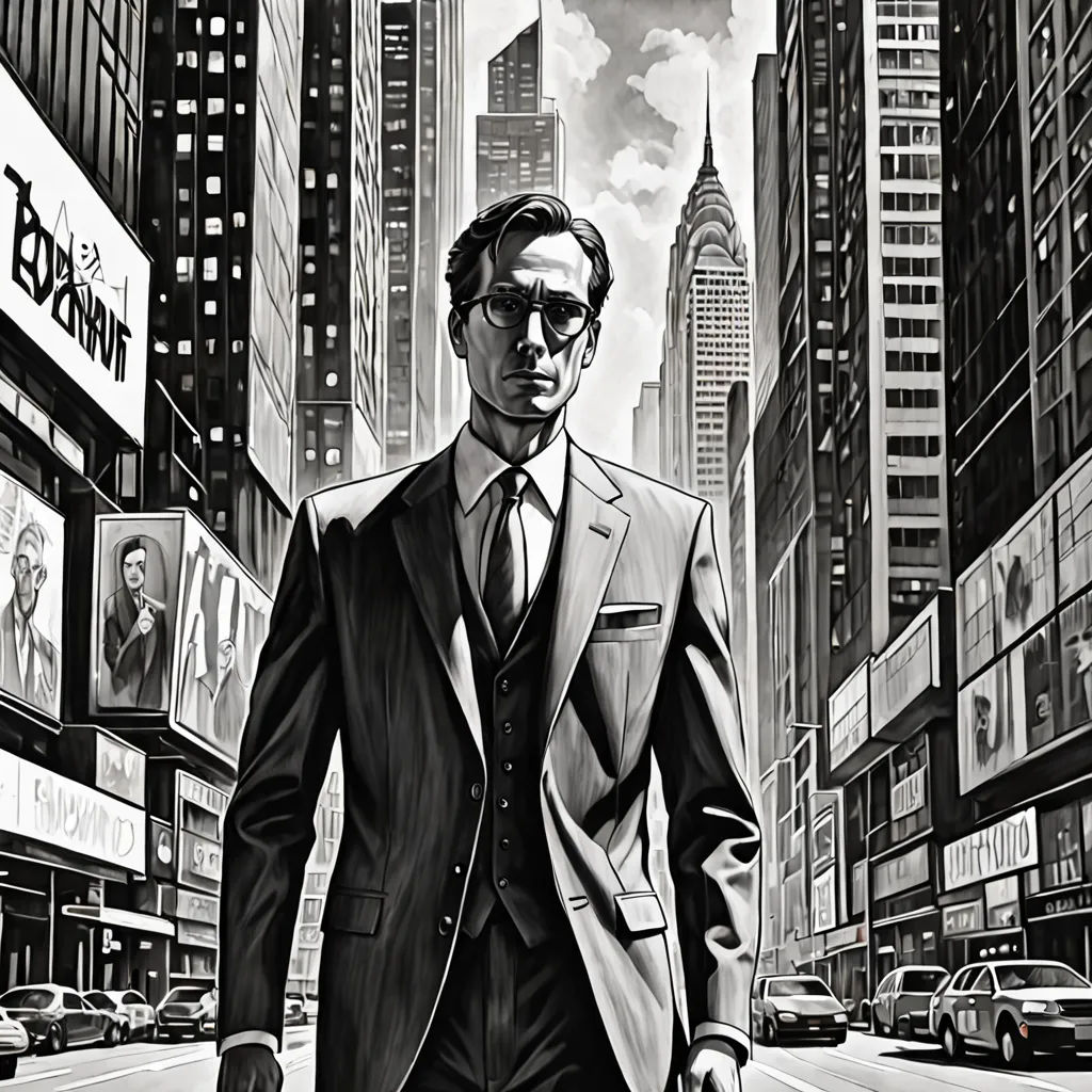 a man in a suit and sunglasses walking down a street in a city with tall buildings and billboards, modern european ink painting, an ultrafine detailed painting, David Palumbo, graphic novel