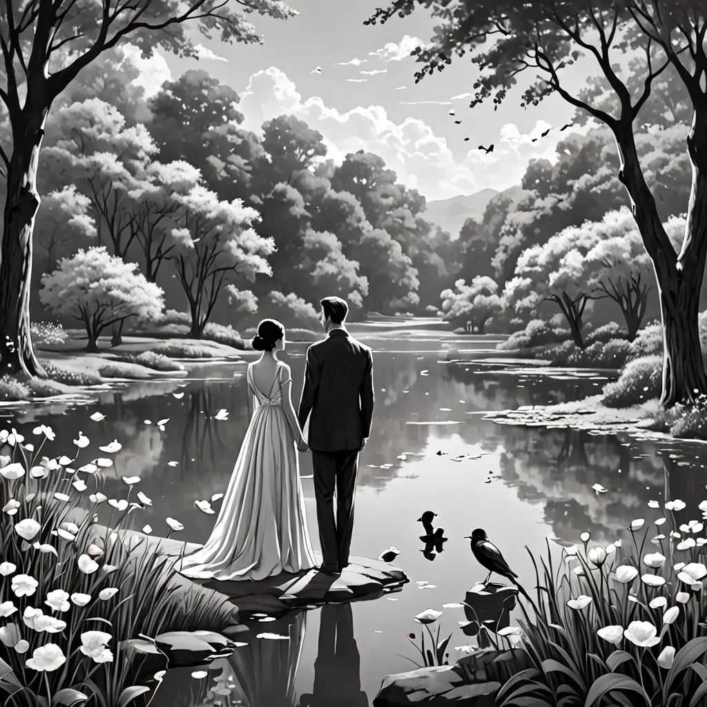 a man and woman are standing in front of a lake with flowers and trees on it, looking at the water, magical realism, a storybook illustration, Colin Middleton, storybook illustration