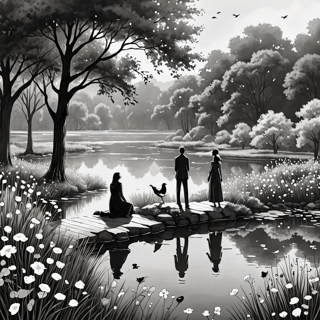a couple of people standing on a bridge over a lake with a duck in it and a duck in the water, modern european ink painting, a storybook illustration, David Martin, storybook illustration