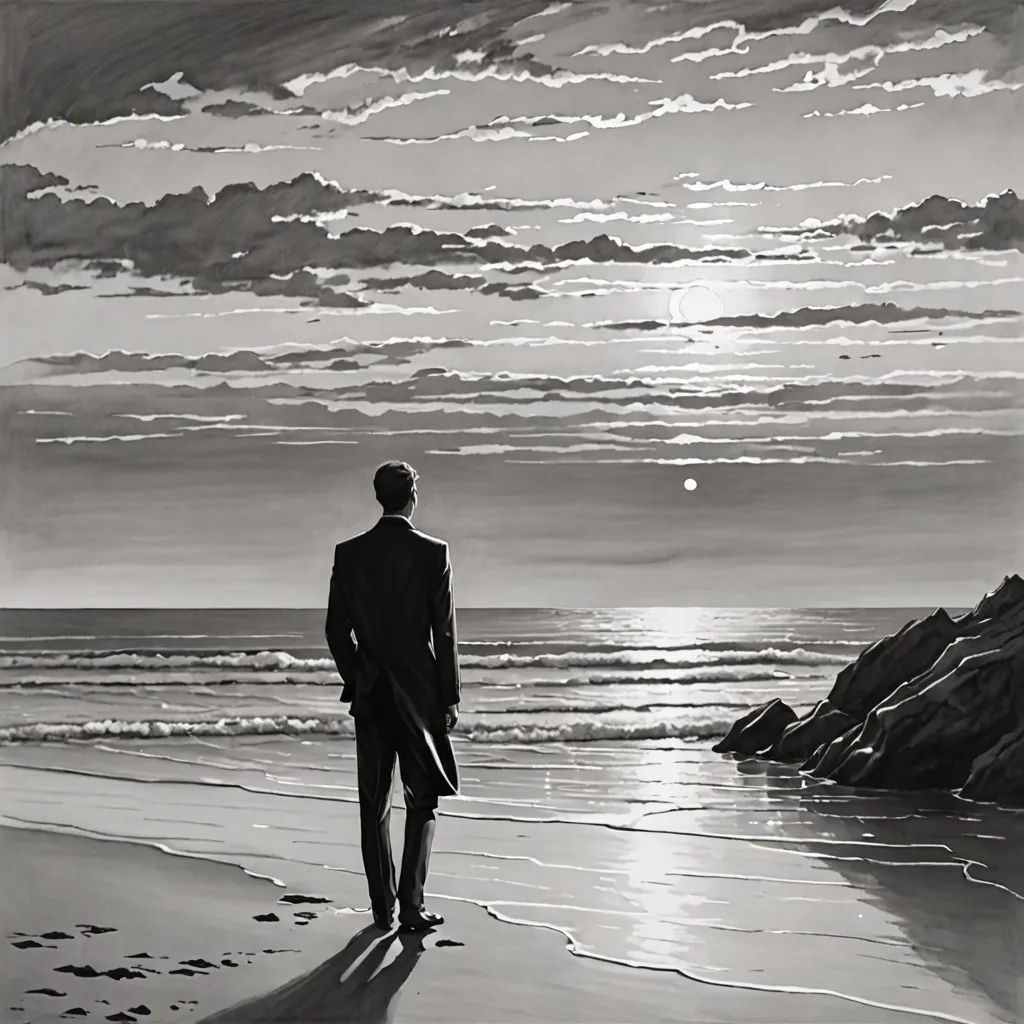 a man standing on top of a beach next to the ocean under a cloudy sky with a sun shining, figurative art, an ultrafine detailed painting, Colin Middleton, pj crook