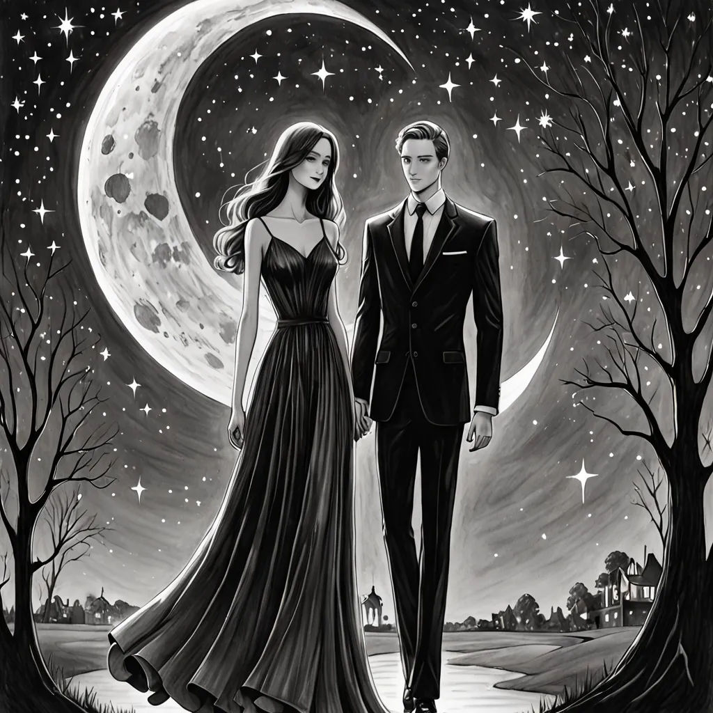 a man and a woman are standing in front of a full moon and trees with stars in the sky, gothic art, a storybook illustration, Dirk Crabeth, storybook illustration