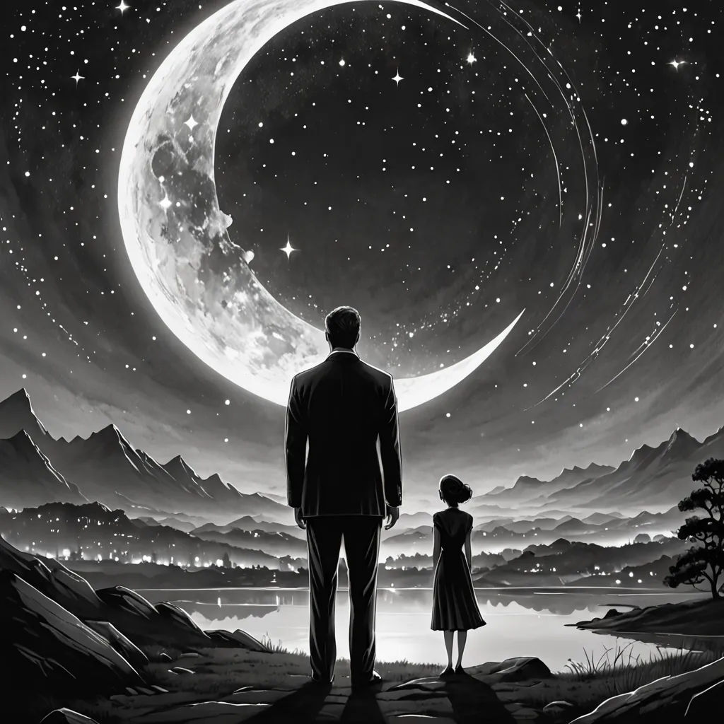 a man and a woman looking at the moon in the sky with stars and a crescent above them, with a lake below, magical realism, a storybook illustration, Dan Hillier, storybook illustration