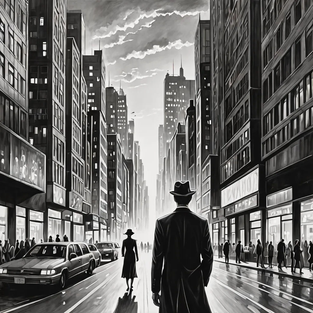 a man walking down a street next to tall buildings in a city at night with a man in a top hat, modern european ink painting, an ultrafine detailed painting, Art Spiegelman, film noir