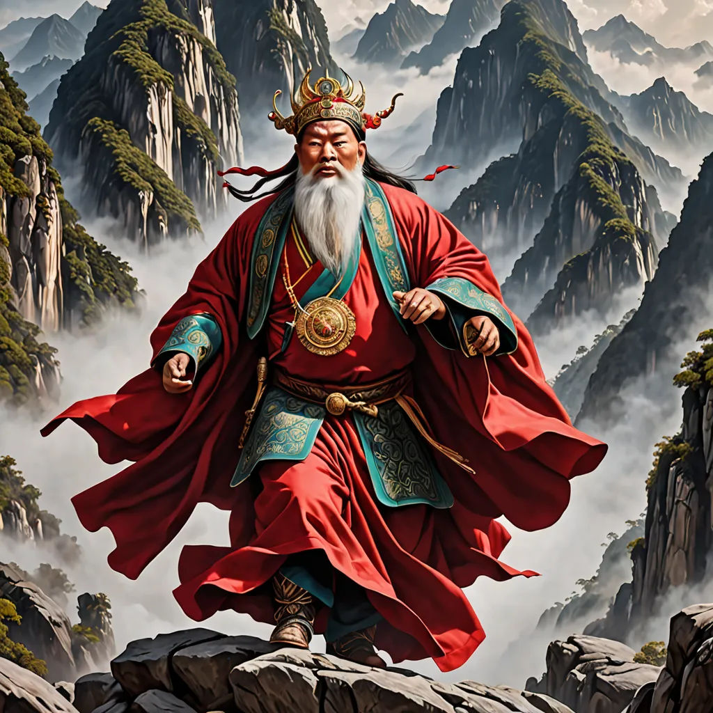 a painting of a man with a beard and a long beard in a red robe and a crown on his head, fantasy art, a detailed matte painting, Emperor Huizong of Song, highly detailed digital painting