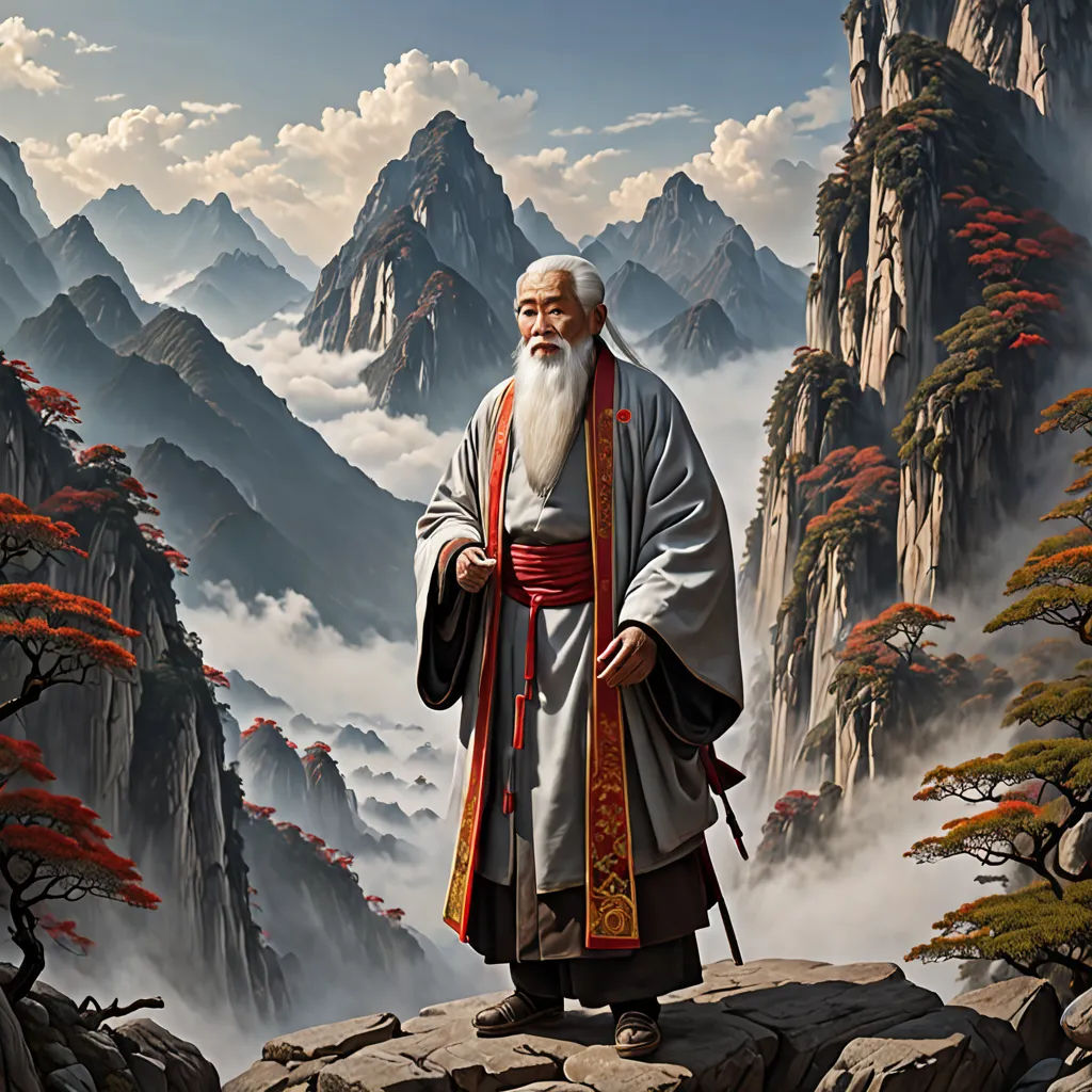 a painting of a man standing on a mountain with a mountain range in the background and clouds in the sky, fantasy art, a detailed matte painting, Christophe Vacher, highly detailed digital painting