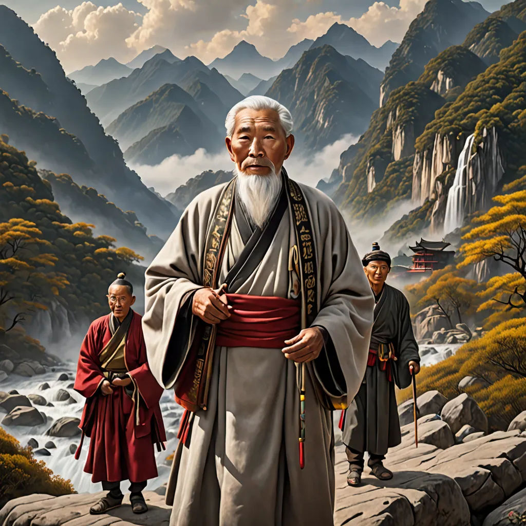 a painting of a man with a long white beard and a long white beard standing in front of a mountain landscape, metaphysical painting, a detailed painting, Emperor Huizong of Song, highly detailed digital painting