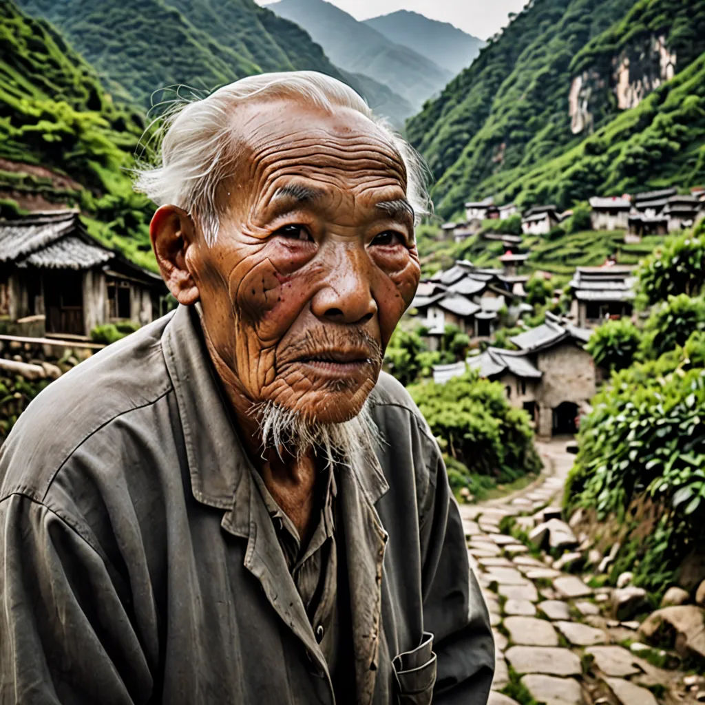 an old man standing in front of a mountain village with a village in the background and a mountain range in the distance, cloisonnism, a character portrait, Fang Congyi, portrait photography