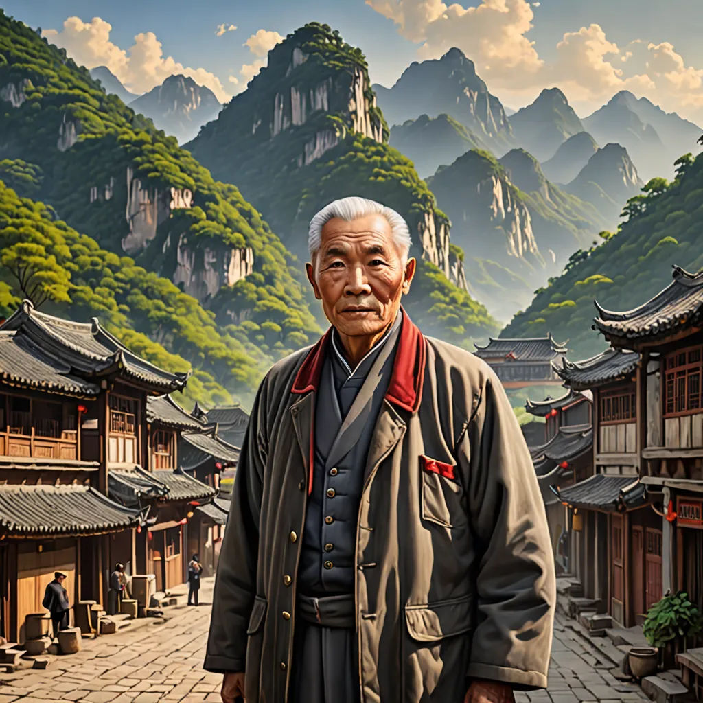 a man standing in front of a mountain with a mountain in the background and a building with a red ribbon around his neck, photorealism, a detailed matte painting, Evgeny Lushpin, highly detailed digital painting