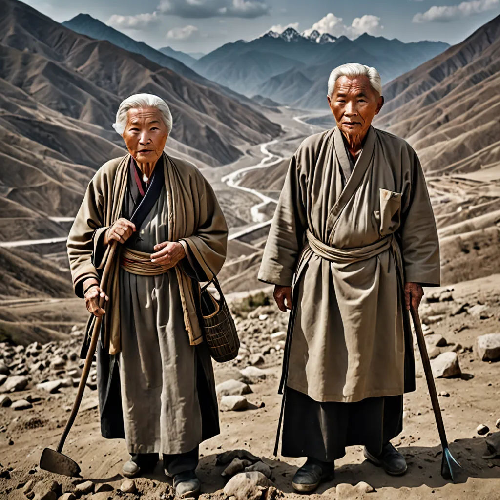 two people standing on a rocky hillside with mountains in the background and a sky filled with clouds in the distance, art & language, a photo, Fang Congyi, award - winning photography