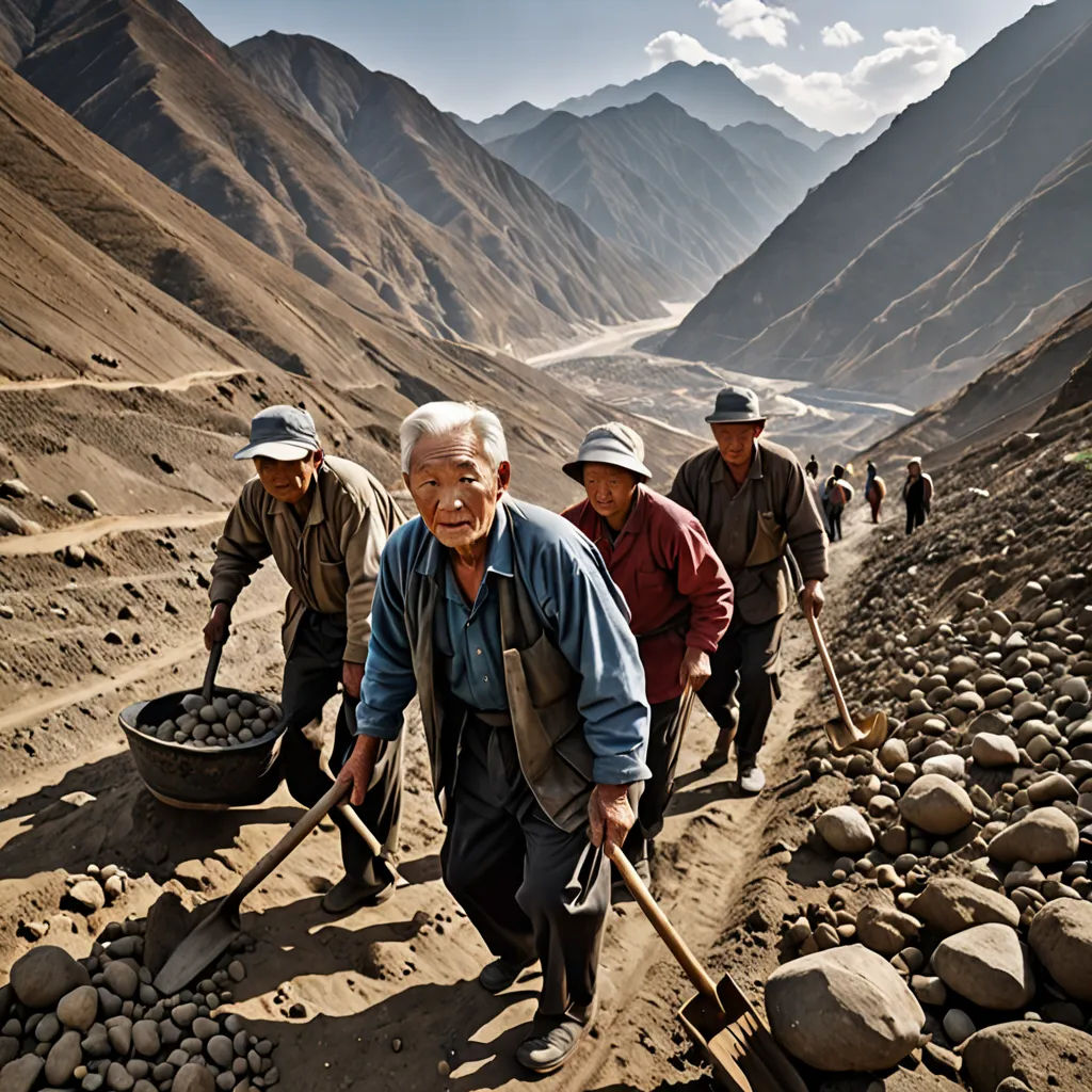 a group of people walking up a hill with a wheelbarrow in hand and a man with a shovel, les automatistes, a jigsaw puzzle, Amir Zand, award - winning photography