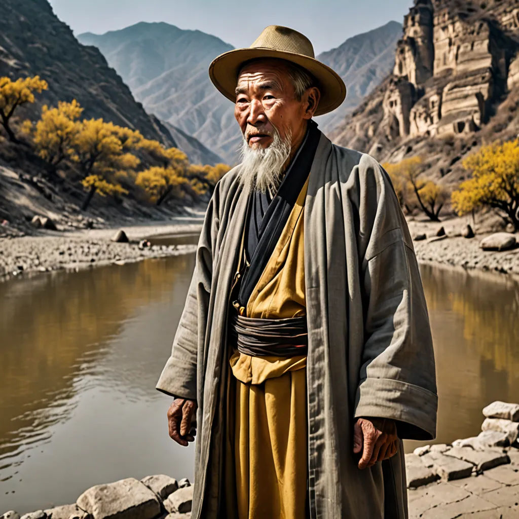 a man in a hat and robe standing next to a river in a mountainous area with mountains in the background, art & language, a character portrait, Fang Congyi, award - winning photography