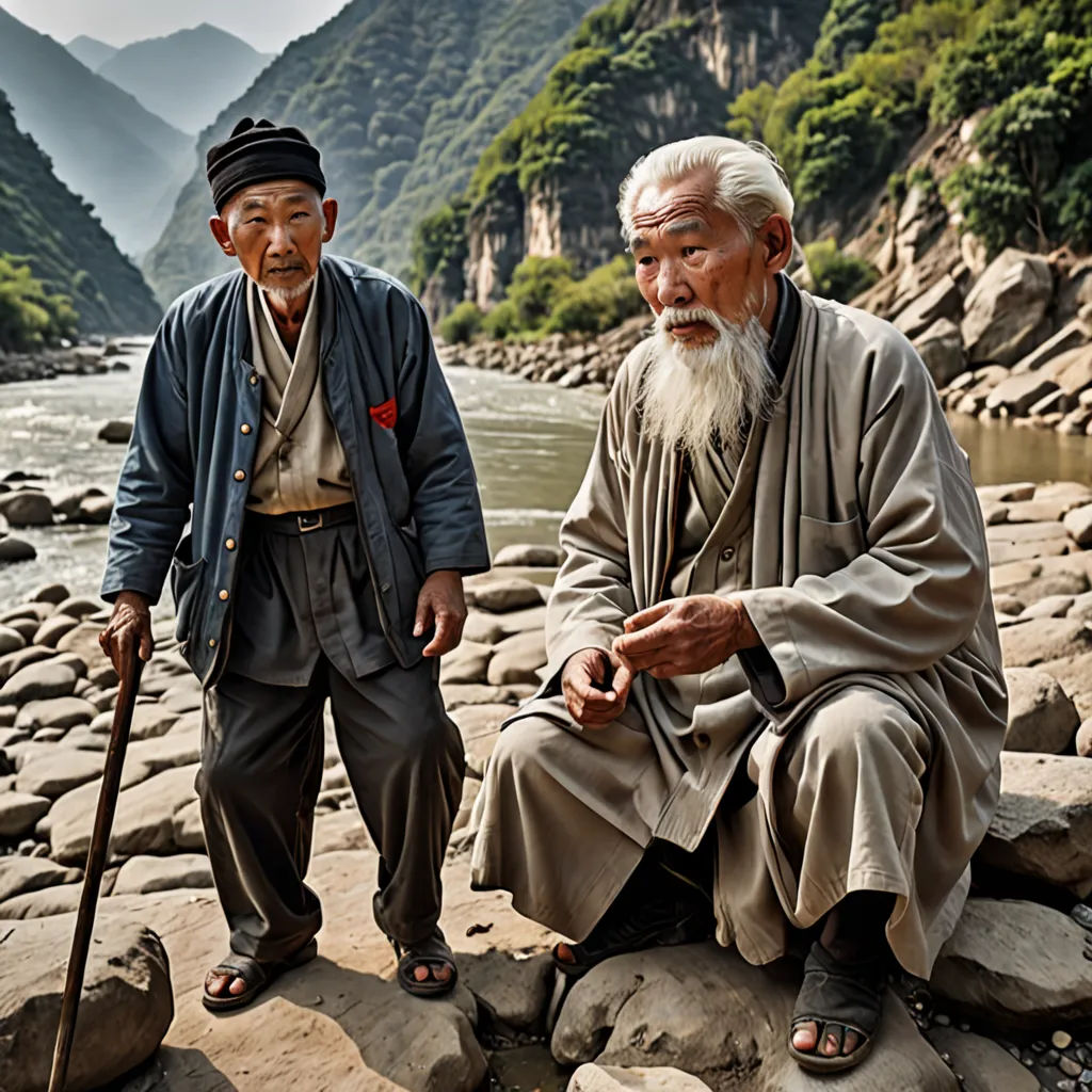two old men sitting on rocks near a river with mountains in the background and a river running through them, art & language, a jigsaw puzzle, Cao Buxing, award - winning photography