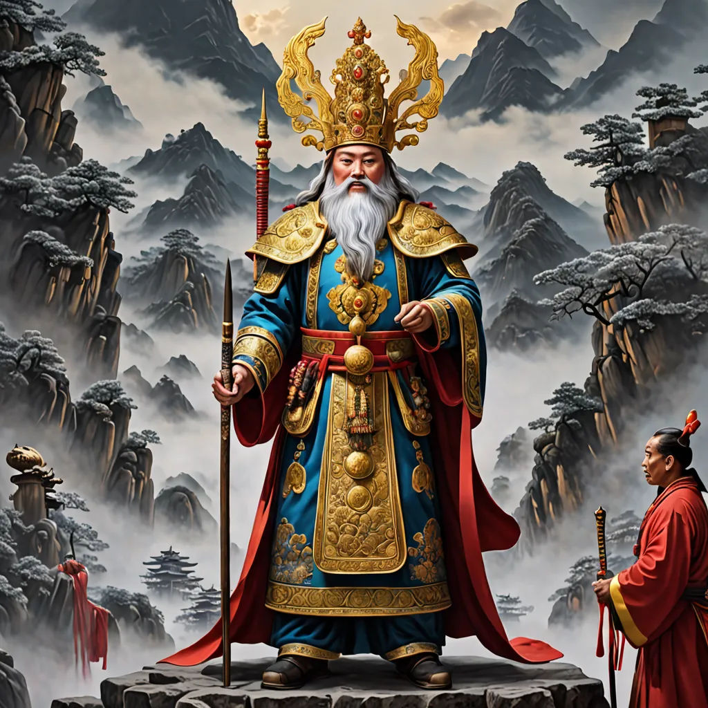 a painting of a man with a beard and a crown on his head standing on a rock with a sword, fantasy art, an ultrafine detailed painting, Emperor Huizong of Song, highly detailed digital painting