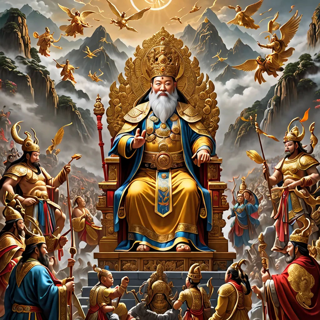 a painting of a man sitting on a throne surrounded by other men and birds in the sky and clouds, sumatraism, an ultrafine detailed painting, Emperor Huizong of Song, highly detailed digital painting