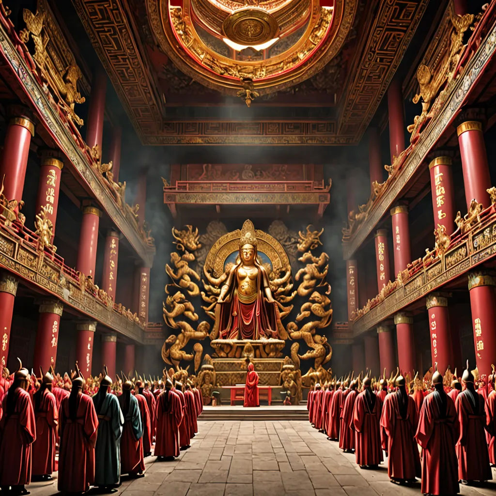 a large group of people standing in a room with a statue in the middle of the room and a large group of people standing in front of them, cloisonnism, a detailed matte painting, Fang Congyi, promotional image